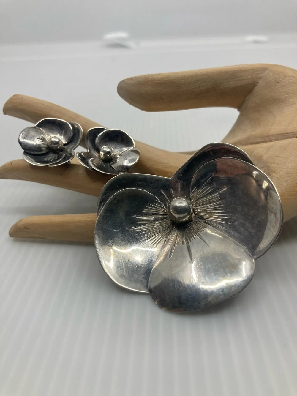 Vintage Mexico Sterling Silver Pansy Brooch & Earring Set MCM Modernist